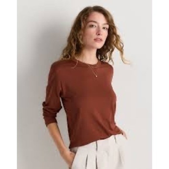 Quince Tops - Quince Cotton Modal Relaxed Long Sleeve Tee Redwood Brown Size L NEW